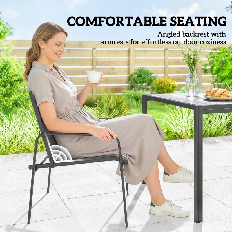 Outsunny Outdoor Dining Set for 6, Faux Wood Patio Table and Chairs with Breathable Mesh Seat, Galvanized Steel Frame, Black