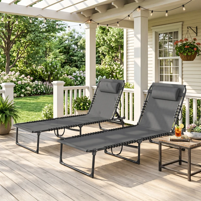 Outsunny 2 Folding Chaise Lounge Pool Chairs with 4-Position Reclining Back, Pillow, Breathable Mesh & Bungee Seat, Gray