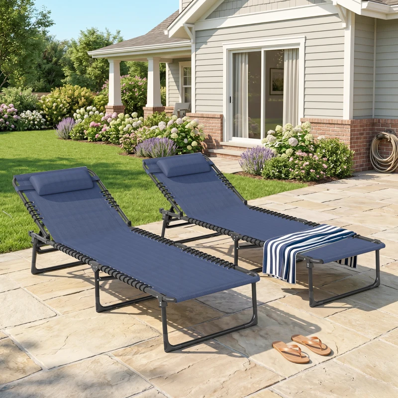 Outsunny 2 Folding Chaise Lounge Pool Chairs with 4-Position Reclining Back, Pillow, Breathable Mesh & Bungee Seat, Dark Blue