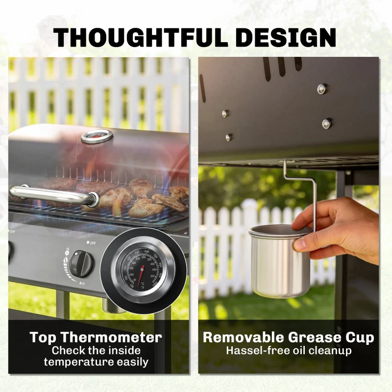 Outsunny 2 Burner Propane Gas Grill, 18000 BTU BBQ Grill with Wheels, Warming Rack, Shelf, Thermometer, Grease Cup, Black