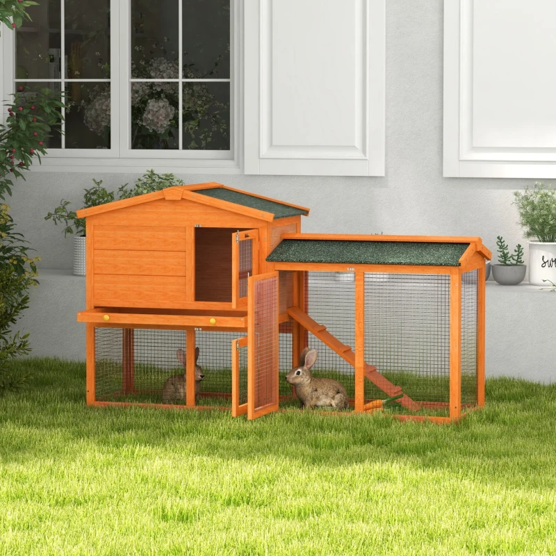 PawHut Two-Level Rabbit Hutch Small Animal House Pet Bunny Cage Home w/ Outdoor Run Water & UV Resistant Roof Access Ramp
