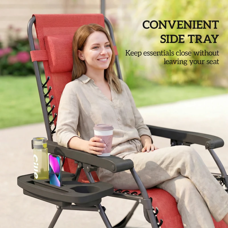 Outsunny Zero Gravity Chair Set of 2, Folding Reclining Outdoor Lounge Chair with Cup Holder, Headrest, Wine Red