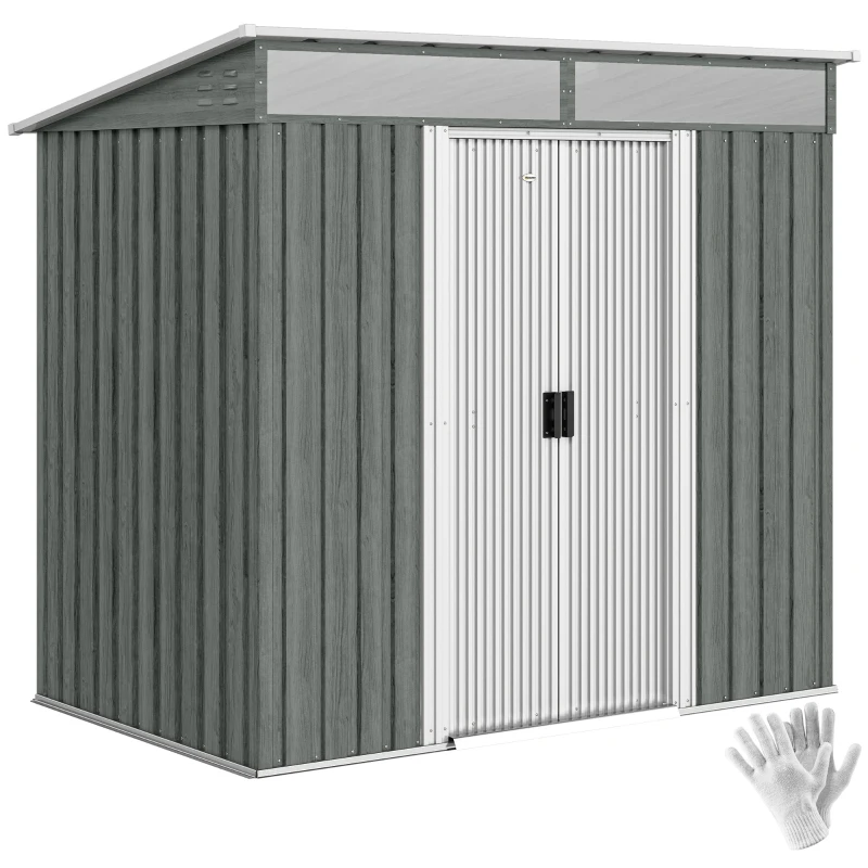 Outsunny 6.5 x 4 ft Garden Shed, Galvanised Steel Outdoor Tool Storage with Lockable Sliding Doors, Foundation Kit, Hooks & Vents, Light Grey