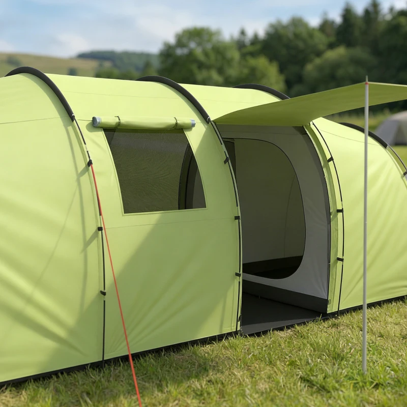 Outsunny 6 Person Camping Tent with Porch, Large Family Tent with 2 Bedroom and Living Room, Light Green