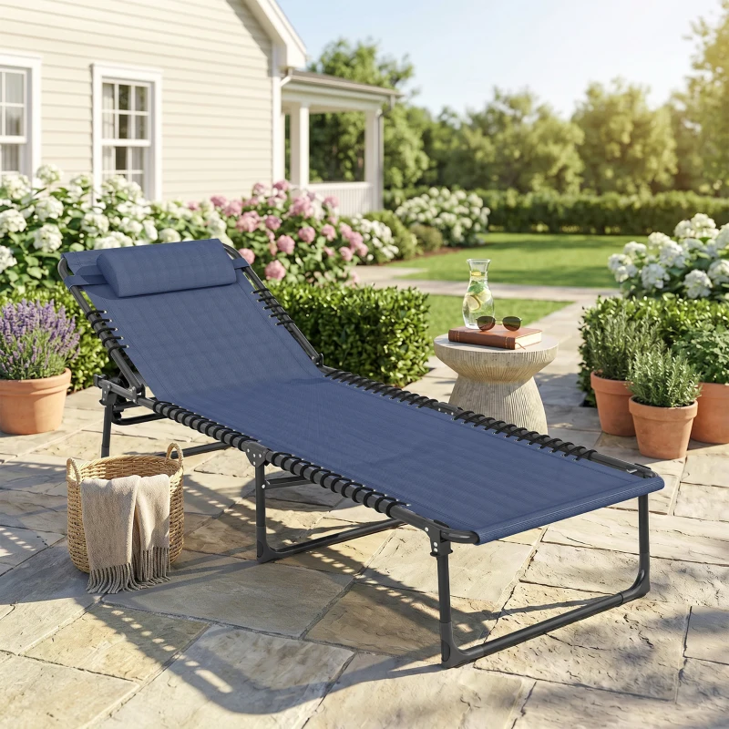 Outsunny Folding Chaise Lounge Pool Chair with 4-Position Reclining Back, Pillow, Breathable Mesh & Bungee Seat, Dark Blue