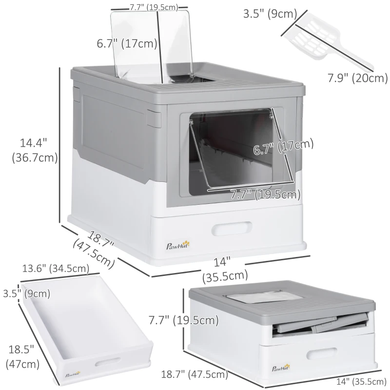 PawHut Top Entry Enclosed Kitty Litter Box with Scoop, Tray, Front Entry, Large Space, Foldable, Portable, Grey