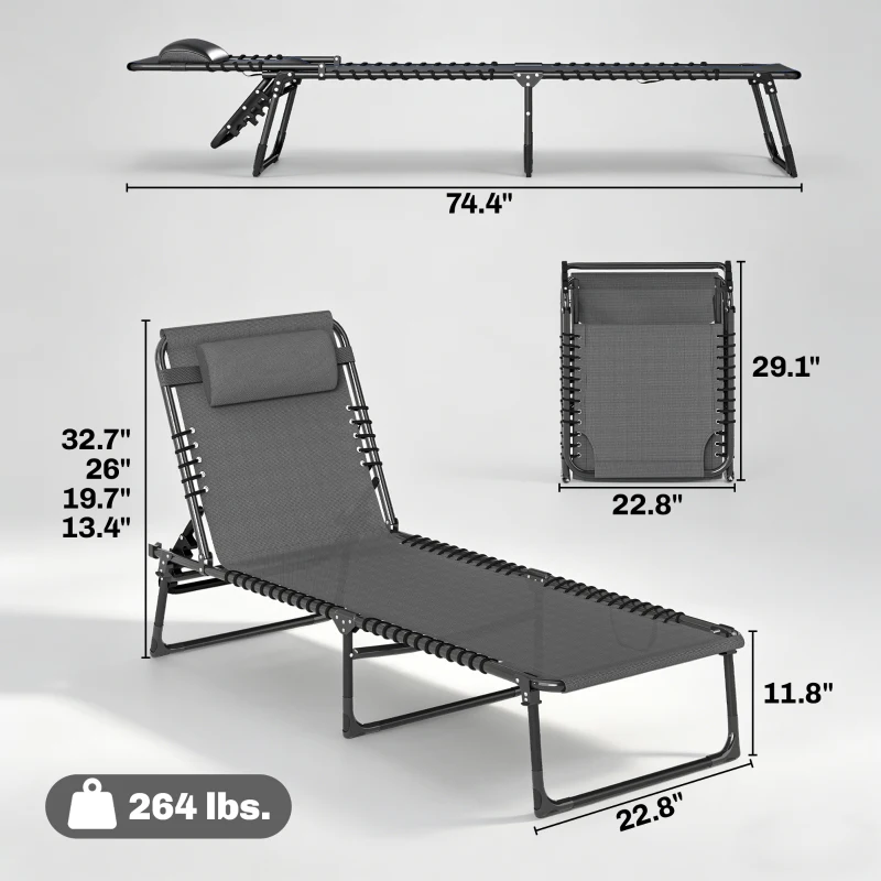Outsunny 2 Folding Chaise Lounge Pool Chairs with 4-Position Reclining Back, Pillow, Breathable Mesh & Bungee Seat, Gray