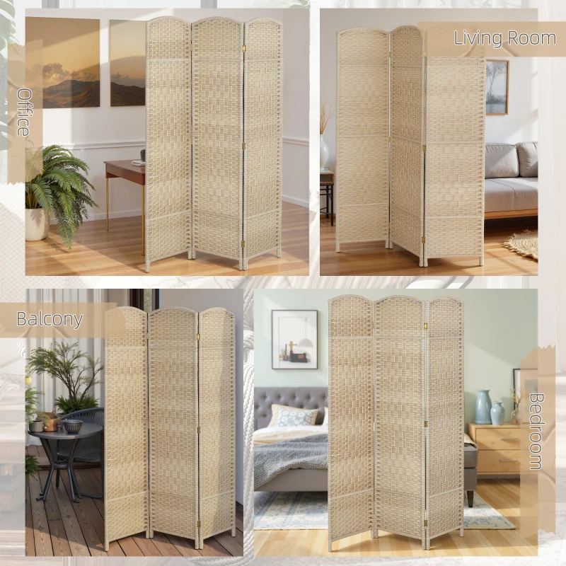 HOMCOM 6 Ft Tall Folding Room Divider, 3 Panel Portable Privacy Screen, Hand-Woven Partition Wall Divider, Light Oak
