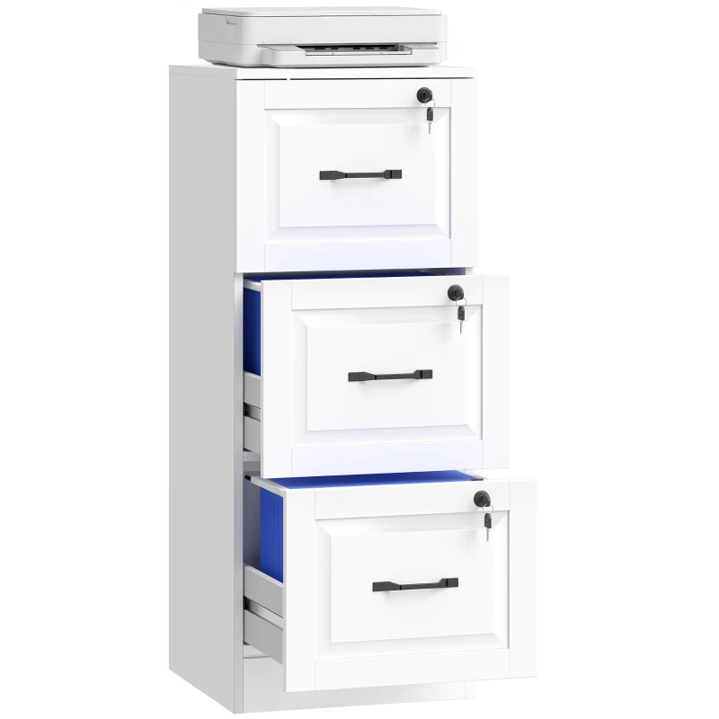 HOMCOM 3 Drawer File Cabinet with Lock, Vertical Filing Cabinet with Adjustable Hanging Bars for A4 and Letter Size, White