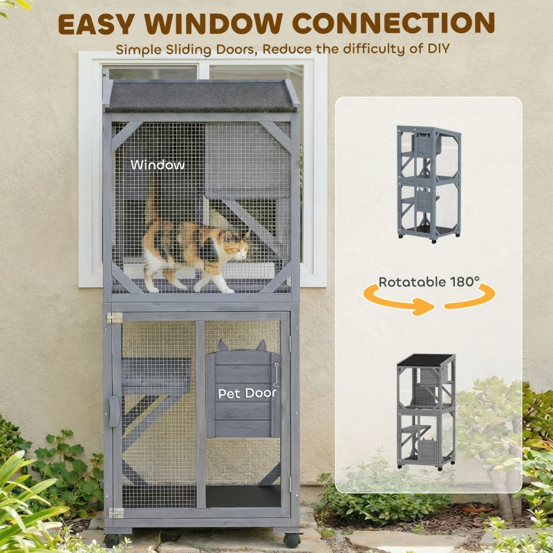 PawHut Movable Catio Outdoor Cat Enclosure with Resting Box, 3 Jumping Platforms, Waterproof Asphalt Roof for Outdoor Indoor