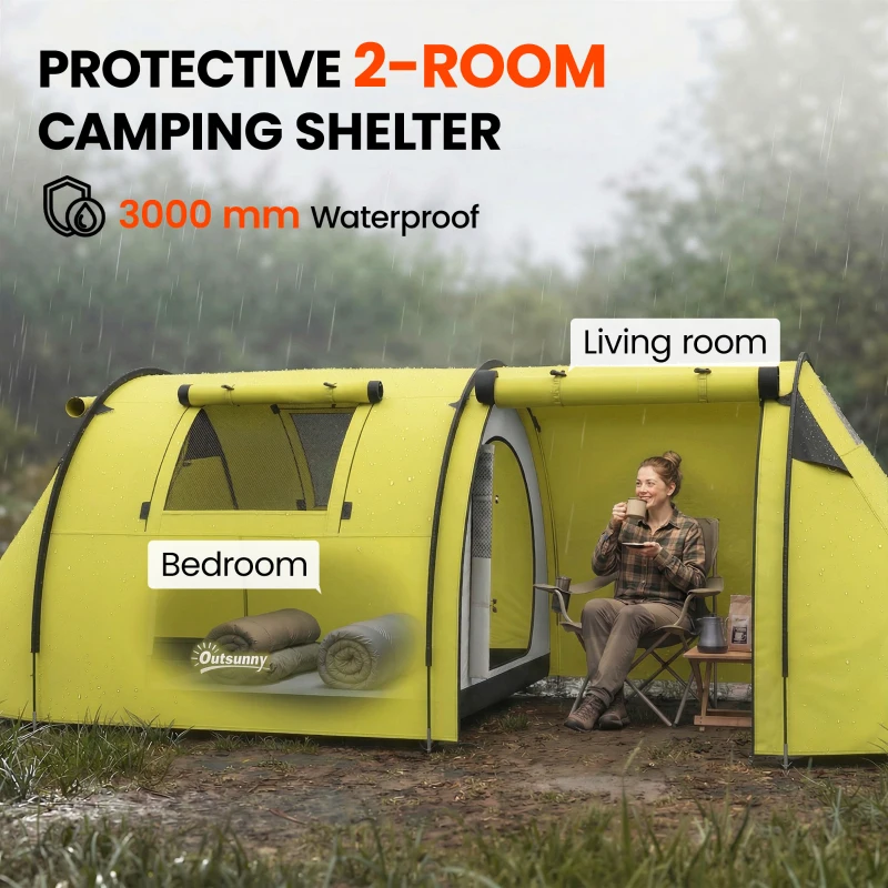 Outsunny 3-4 Person Camping Tent with 2 Rooms, 3000mm Waterproof Portable Family Tent with Carry Bag, Yellow