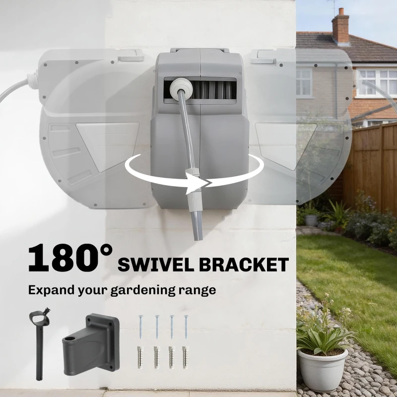 Outsunny Retractable Garden Hose Reel, 1/2" x 98ft Wall Mounted Hose Reel with Auto Retraction, Self-Locking, Grey