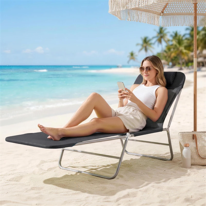 Outsunny Outdoor Lounge Chair, Portable Adjustable Reclining Seat Folding Chaise Lounge Patio Camping Beach Tanning Chair Bed with Pillow, Black