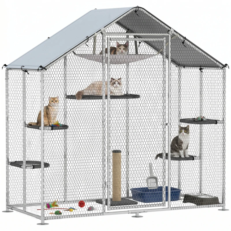 PawHut Large Catio Outdoor Cat Enclosure with Waterproof Cover, Walk-in Cat Patio w/ 5 Adjustable Platforms & Hammock 79" W