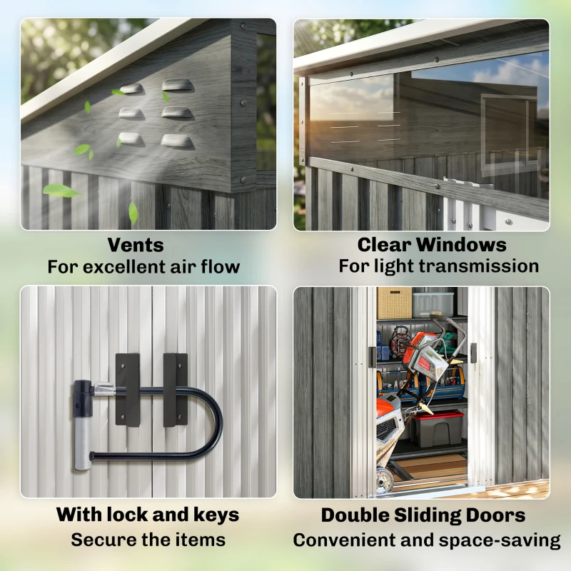 Outsunny 6.5 x 4 ft Garden Shed, Galvanised Steel Outdoor Tool Storage with Lockable Sliding Doors, Foundation Kit, Hooks & Vents, Light Grey