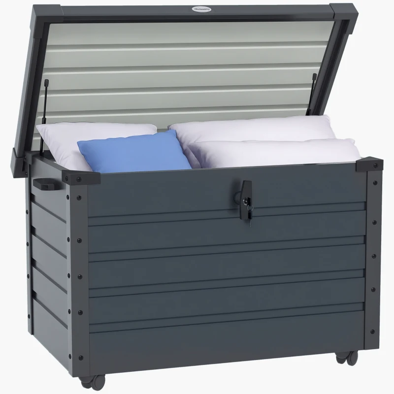 Outsunny 78 Gallon Garden Storage Box, Waterproof Outdoor Storage Container with Wheels and Handles, Dark Grey