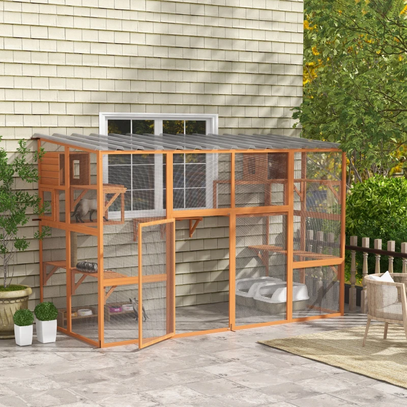 PawHut Large Outdoor Catio with 2 Condos, Jumping Platforms, Waterproof Roof, Orange