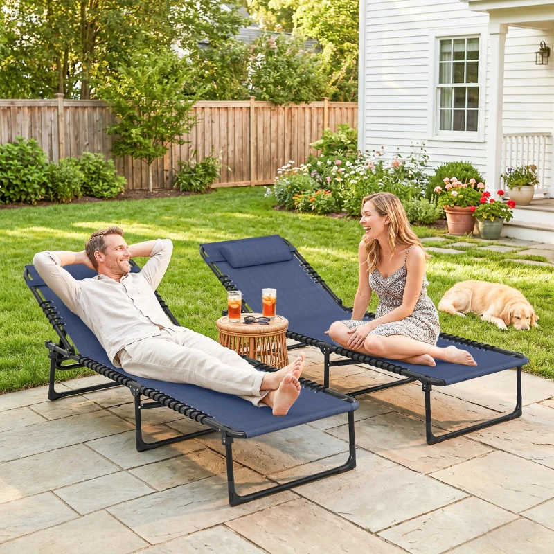 Outsunny 2 Folding Chaise Lounge Pool Chairs with 4-Position Reclining Back, Pillow, Breathable Mesh & Bungee Seat, Dark Blue
