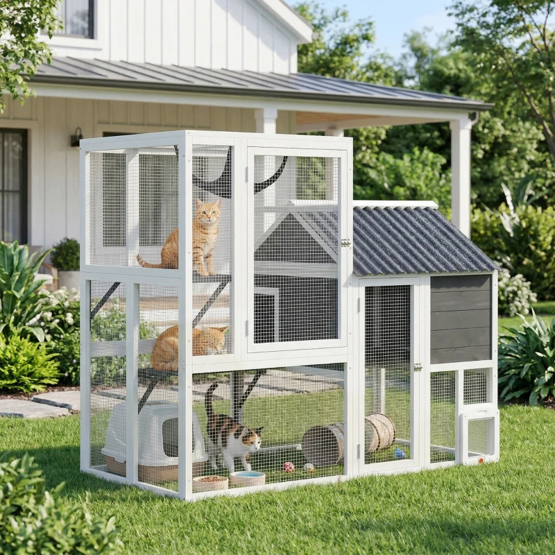 PawHut Catio Outdoor Cat Enclosure, 63" L Large Cat House with 4-Way Adjustable Door, Private House, Hammock, 2 Platforms