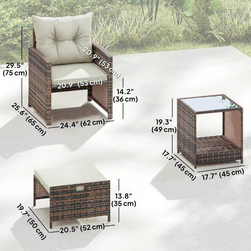 Outsunny 5 Piece Patio Furniture Set, Wicker Patio Chairs with Ottomans, 2-Tier Glass Coffee Table and Cushions, Brown/Cream