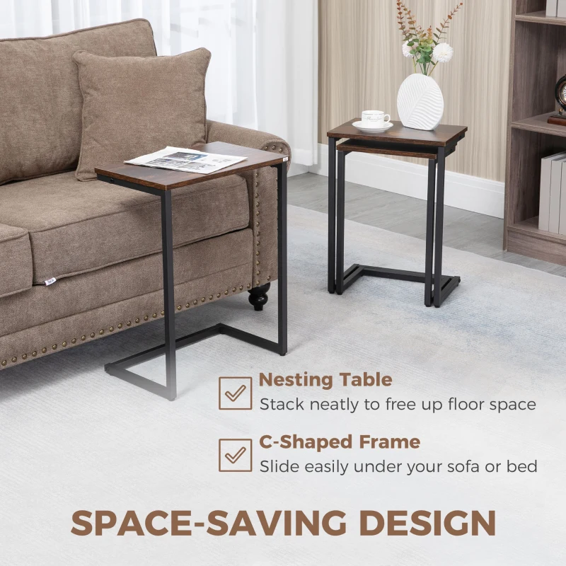 HOMCOM Nesting Coffee Table Set of 3, Stackable Rectangular End Tables with Wood-Effect Top, Metal Frame, Industrial & Rustic C-Shaped for Small Space, Living Room, Rustic Brown