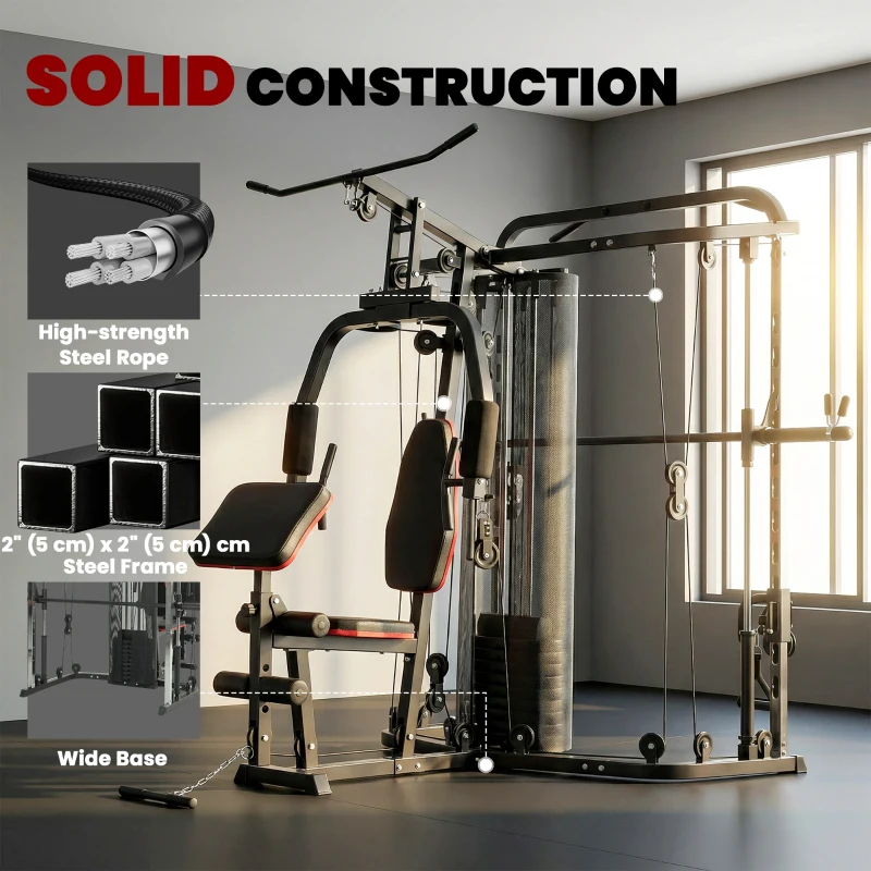Soozier Home Multi Gym Smith Machine with 143LBS Weight Stack, Cable Pulley System, Chest Station, Preacher Pad, Leg Developer