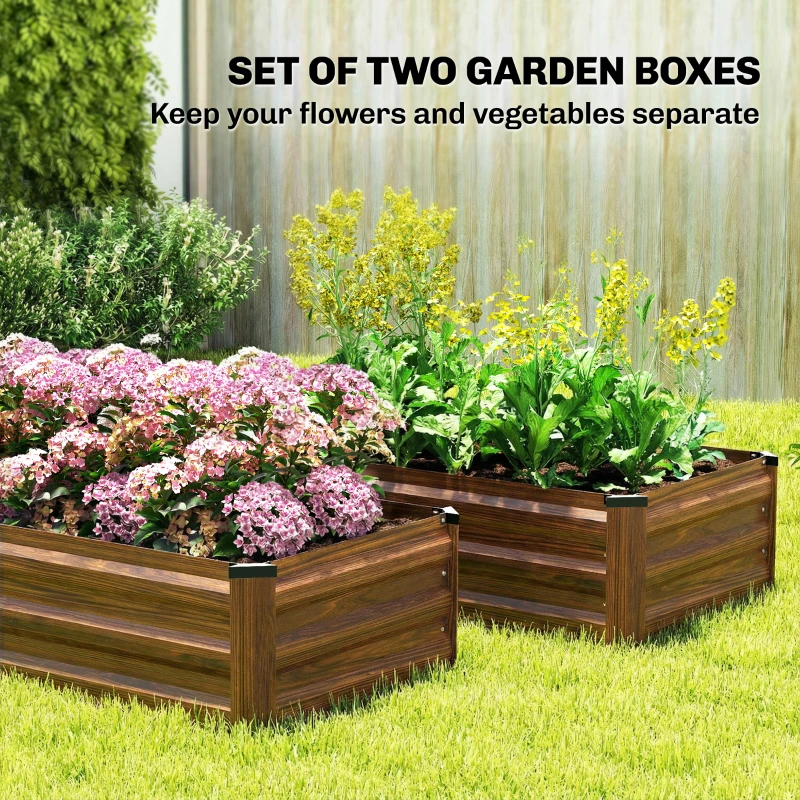 Outsunny Set of 2 Galvanized Raised Beds for Garden, Outdoor Planter Box for Flowers, Herbs and Vegetables, Dark Brown