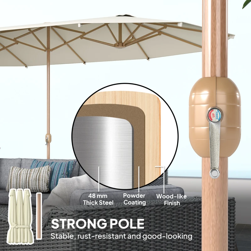 Outsunny Double Garden Parasol 179.1"W x 104.3"D with Crank, 12 Steel Ribs & 180g/㎡ Polyester, UV30+ Protection, Beige