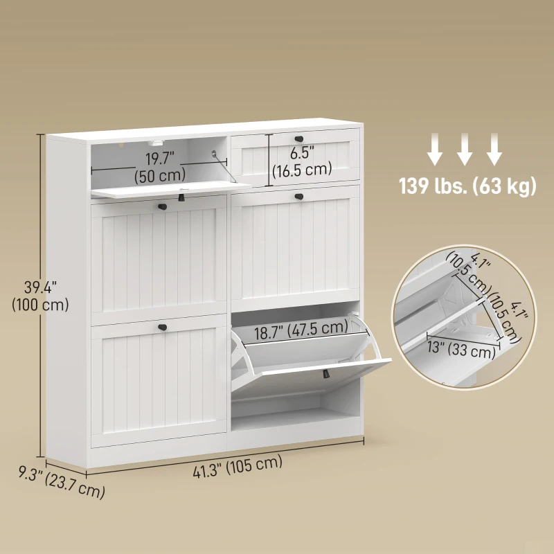 HOMCOM Shoe Cabinet with 2 Large Flip Drawers, Farmhouse Narrow Shoe Storage Cabinet with 2 Top Compartments, White