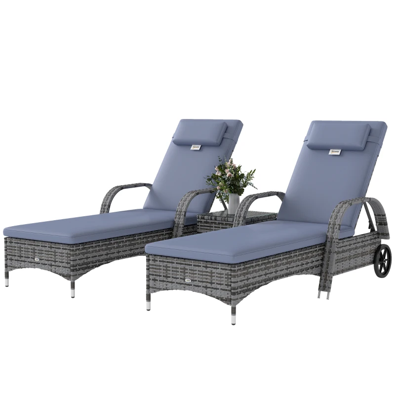 Outsunny 3 Pieces Wicker Patio Lounger Set with Table, PE Rattan Outdoor Lounge Chair Set with Cushions, Wheels, 5-Level Reclining Backrest, Headrest, Grey