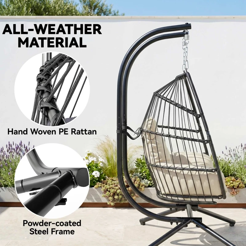 Outsunny Double Wicker Egg Swing Chair with Stand, Foldable Hanging Egg Chair with UV Resistant Cushion, Headrest, Cream White