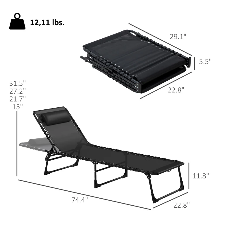 Outsunny 2 Folding Chaise Lounge Pool Chairs with 4-Position Reclining Back, Pillow, Breathable Mesh & Bungee Seat, Black