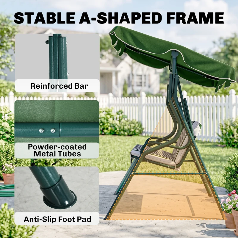 Outsunny Outdoor Porch Swing with Adjustable Canopy, 3-Seater Patio Swing Chair with Cushion, Green