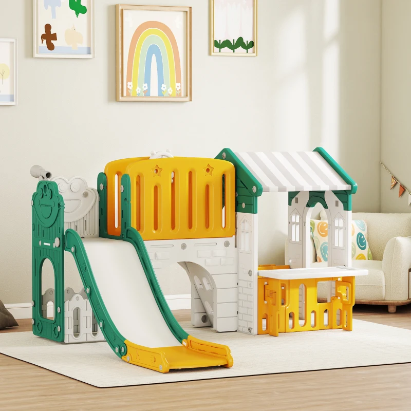 Qaba 7-in-1 Toddler Slide, Kids Slide Climber Playset with Playhouse and Basketball Hoop for 1-4 Years, Yellow