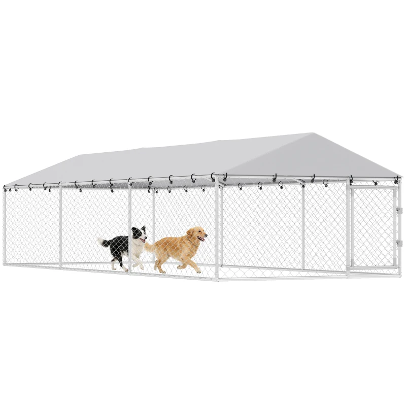 PawHut 19.7' x 7.5' x 4.9' Outdoor Dog Kennel Heavy Duty Galvanized Steel Chain Link with UV-resistant Roof, Silver
