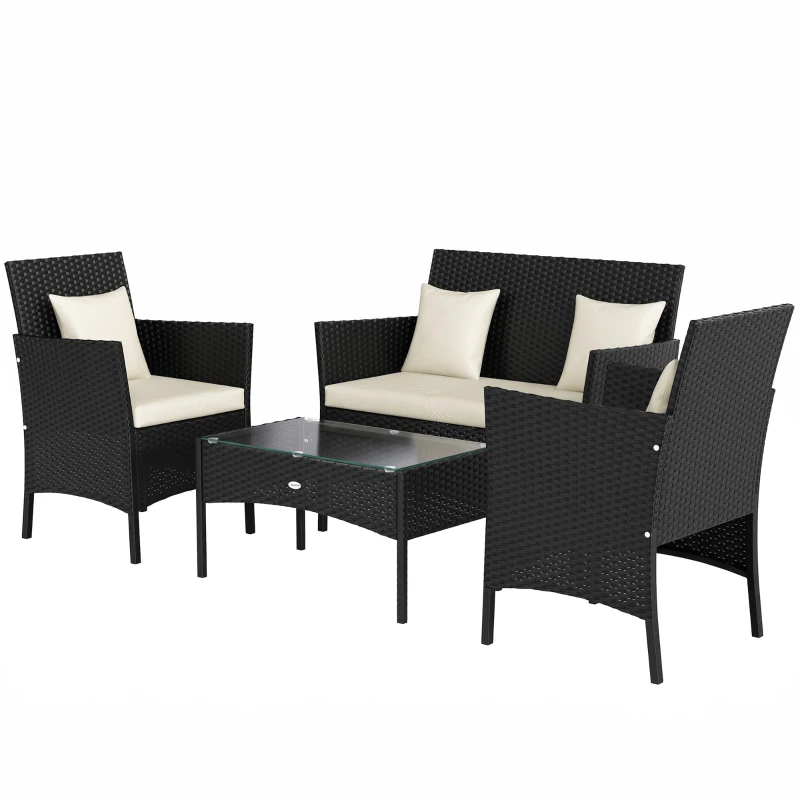 Outsunny 4-Piece Rattan Outdoor Furniture Set Patio Furniture Set with Coffee Table 22.8" W x 21.7" D x 33.5" H Black & Cream