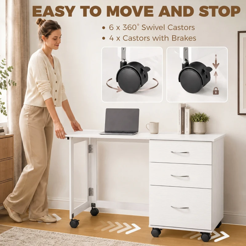 HOMCOM Computer Desk Foldable Top Office Desk 3 Drawers, 4 Lockable Wheels, White Wood Grain