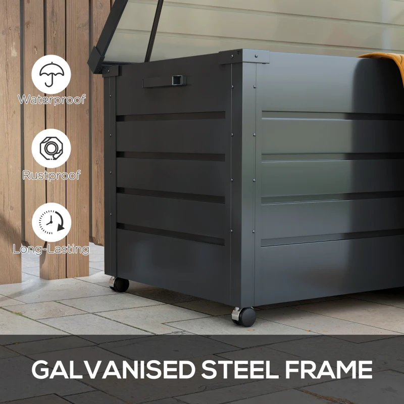 Outsunny 82 Gallon Garden Storage Box, Waterproof Outdoor Storage Container with Wheels and Handles, Dark Grey