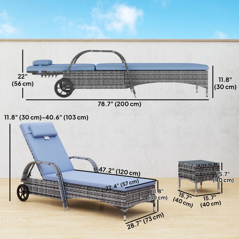 Outsunny 3 Pieces Wicker Patio Lounger Set with Table, PE Rattan Outdoor Lounge Chair Set with Cushions, Wheels, 5-Level Reclining Backrest, Headrest, Grey
