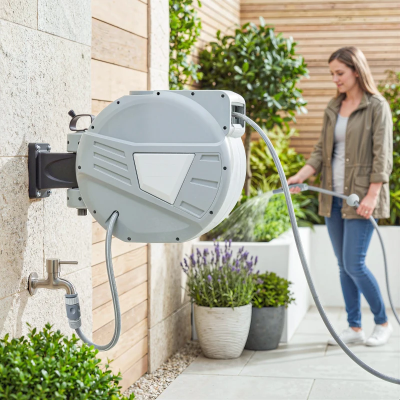 Outsunny Retractable Garden Hose Reel, 1/2" x 98ft Wall Mounted Hose Reel with Auto Retraction, Self-Locking, Grey