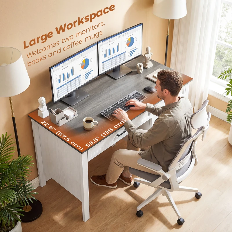 HOMCOM 54" Farmhouse Executive Desk, Computer Desk with Drawers, Adjustable Hanging Rails for for A4/Letter Size Files, White