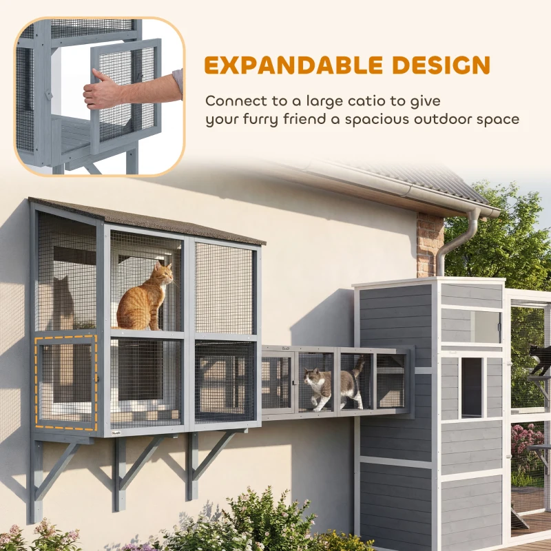 PawHut Catio Outdoor Cat Enclosure Wall-Mounted 2-Level Outdoor Cat House with Waterproof Roof 39.4" Grey