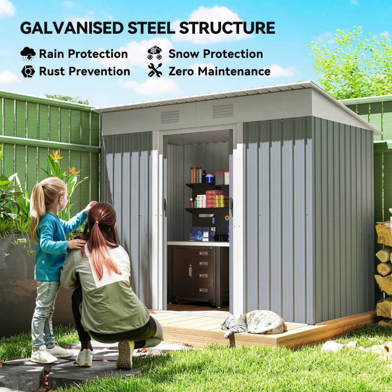 Outsunny 7' x 3.6' Outdoor Storage Shed, Metal Garden Shed with Lockable Sliding Doors and Vents, Grey