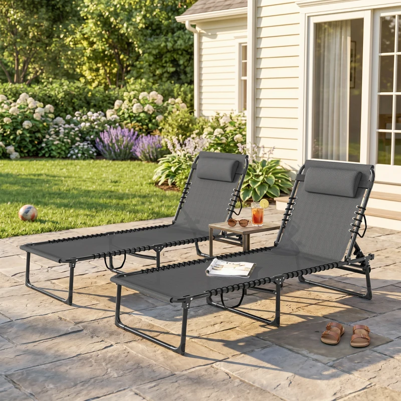 Outsunny 2 Folding Chaise Lounge Pool Chairs with 4-Position Reclining Back, Pillow, Breathable Mesh & Bungee Seat, Gray