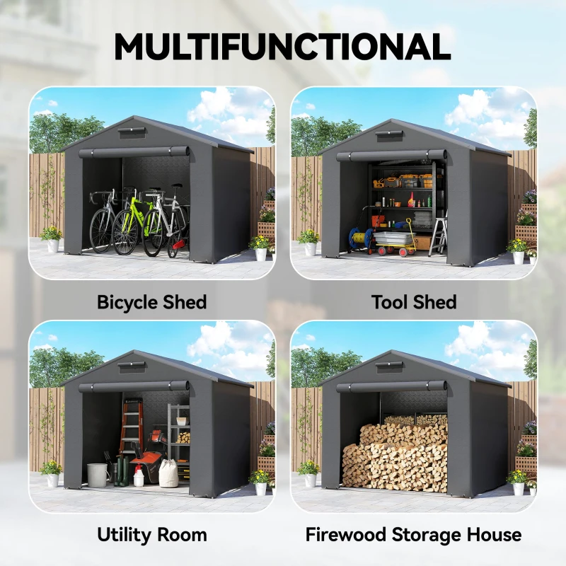 Outsunny 8' x 6' Portable Shed, Waterproof Bike Tent with Roll-up Zipper Door, Vent and Galvanised Metal Frame, Dark Grey