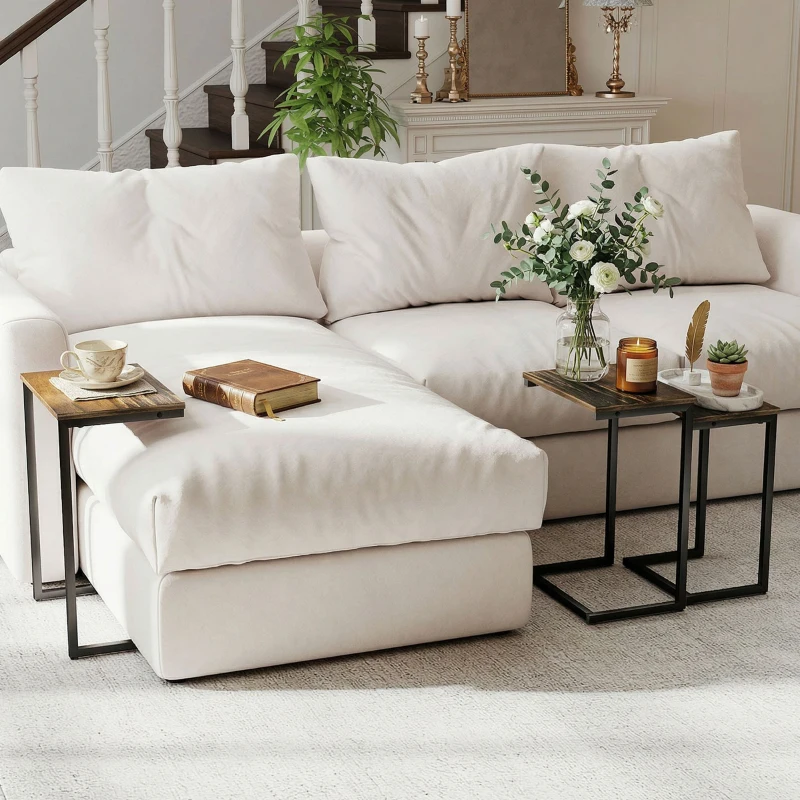 HOMCOM Nesting Coffee Table Set of 3, Stackable Rectangular End Tables with Wood-Effect Top, Metal Frame, Industrial & Rustic C-Shaped for Small Space, Living Room, Rustic Brown