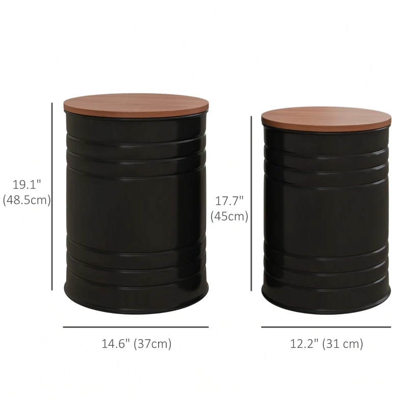 HOMCOM Round Side Table Set of 2, Nesting Coffee Tables w/ Wooden Lid, Metal Frame and Hidden Storage Space for Bedroom, Black