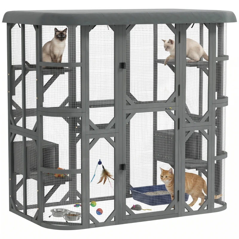 PawHut Catio Outdoor Cat Enclosure, 71" Wooden Cat House with Platforms, Condos and Waterproof Cover for 2–3 Kittens, Grey