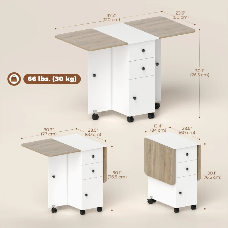 HOMCOM Drop Leaf Dining Table, Mobile Folding Table on Wheels with Drawers and Cabinet for Dining Room, Kitchen, White and Oak