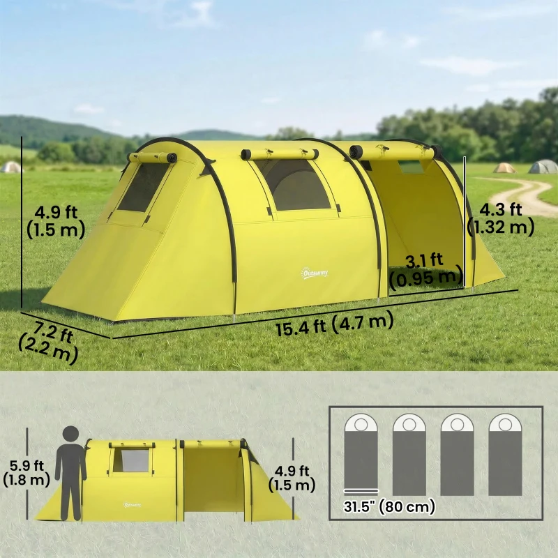 Outsunny 3-4 Person Camping Tent with 2 Rooms, 3000mm Waterproof Portable Family Tent with Carry Bag, Yellow